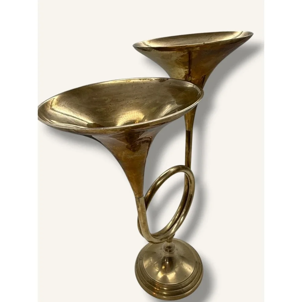 Rare and unique Vintage Brass Double French Horn Candlestick Holder with Patina
